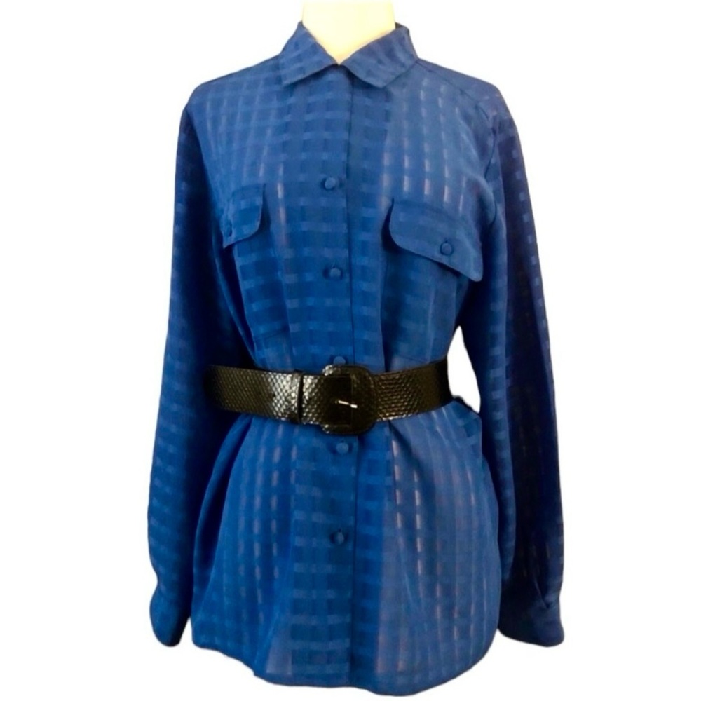 Vintage 1990’s Oversized Blue Semi Sheer Button Down‎ Blouse, Large/Extra Large